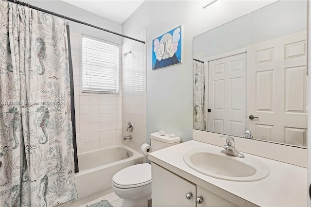 full bathroom featuring vanity, shower / tub combo with curtain, and toilet