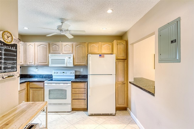 9400 N Hollybrook Lake Dr Unit 303, Pembroke Pines, FL 33025 - kitchen featuring dark countertops, a ceiling fan, light brown cabinets, white appliances, and electric panel