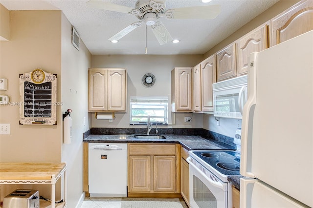 9400 N Hollybrook Lake Dr Unit 303, Pembroke Pines, FL 33025 - kitchen featuring light brown cabinets, dark countertops, a sink, white appliances, and ceiling fan