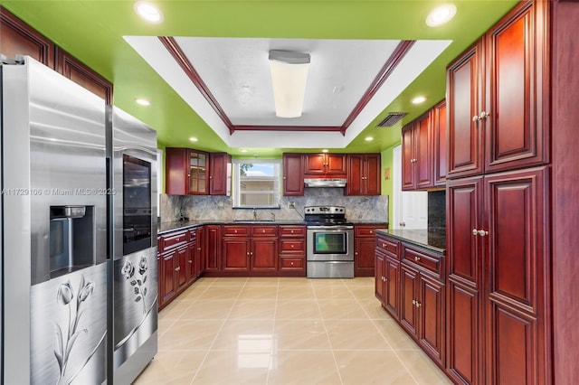 2070 NW 84th Ter, Pembroke Pines, FL 33024 - kitchen featuring appliances with stainless steel finishes, dark brown cabinets, a tray ceiling, a sink, and backsplash