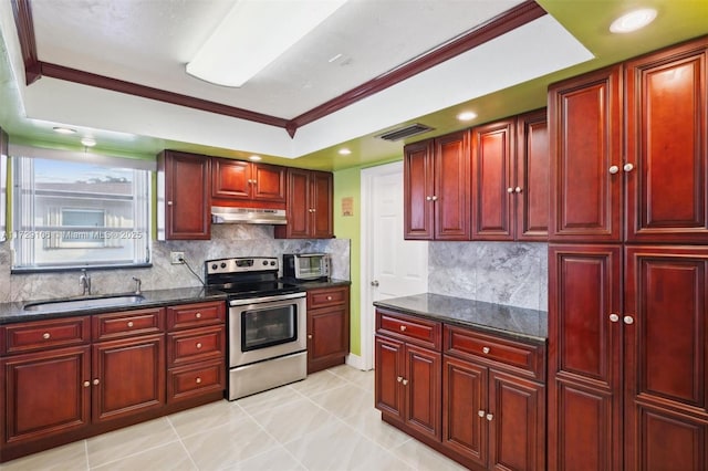 kitchen featuring sink, backsplash, dark stone counters, ornamental molding, and stainless steel electric range