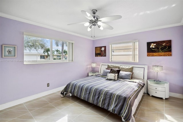 bedroom featuring ceiling fan, ornamental molding, and light tile patterned flooring