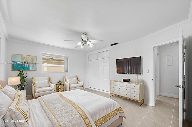 2070 NW 84th Ter, Pembroke Pines, FL 33024 - bedroom with crown molding, a closet, baseboards, light tile patterned flooring, and a ceiling fan