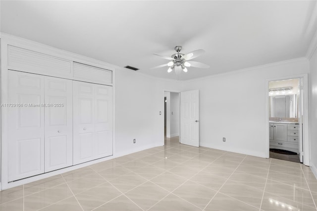 2070 NW 84th Ter, Pembroke Pines, FL 33024 - unfurnished bedroom with crown molding, a closet, light tile patterned floors, a sink, and a ceiling fan