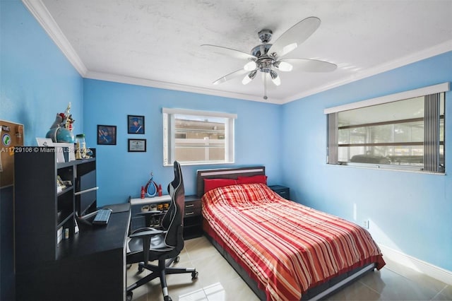 bedroom with ceiling fan, multiple windows, light tile patterned floors, and ornamental molding