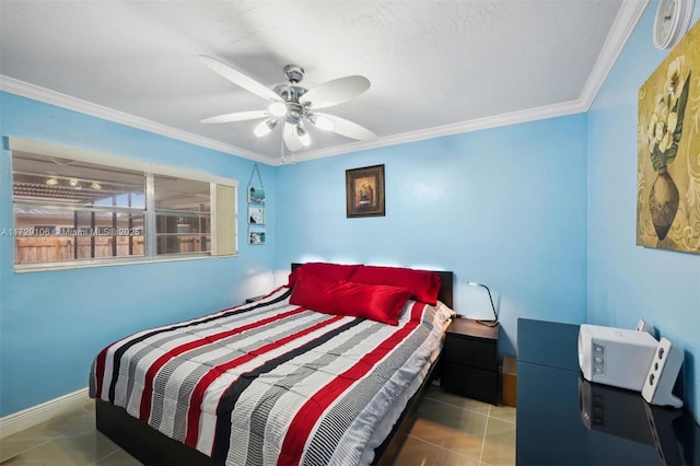 tiled bedroom with ceiling fan and ornamental molding