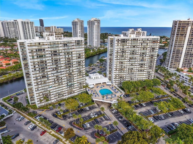 bird's eye view with a water view and a view of city