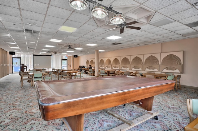 game room with carpet floors, pool table, ceiling fan, and a paneled ceiling