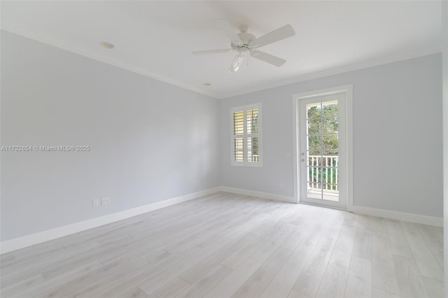 unfurnished room featuring ceiling fan, light hardwood / wood-style flooring, and ornamental molding