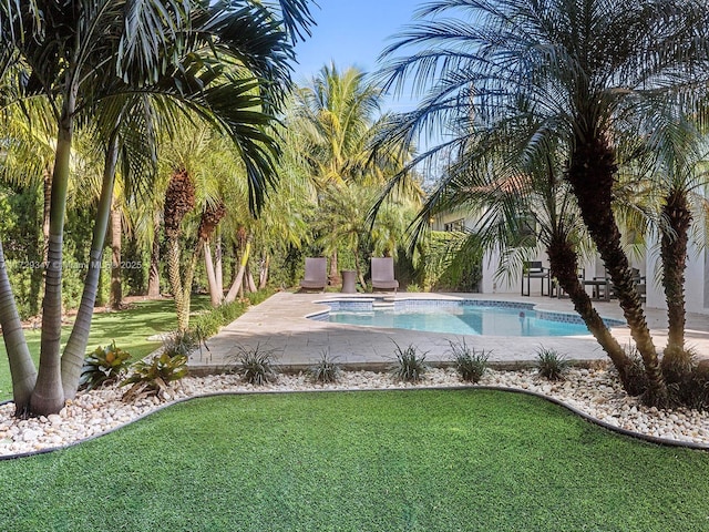 view of swimming pool with a patio area and a lawn