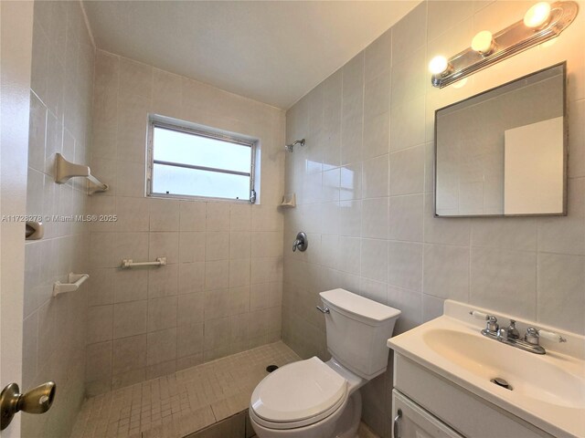 7200 NW 4th St, Miami, FL 33126 - full bathroom with a tile shower, vanity, toilet, and tile walls