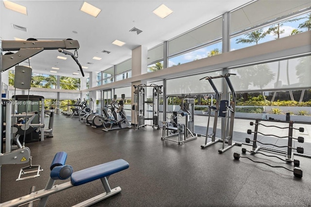 exercise room featuring a high ceiling