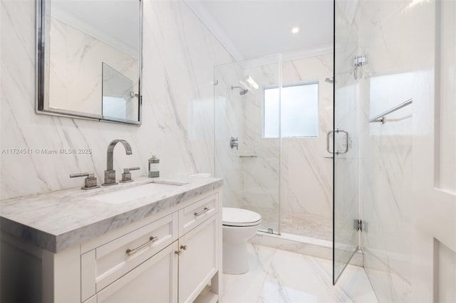 bathroom featuring crown molding, toilet, an enclosed shower, and vanity