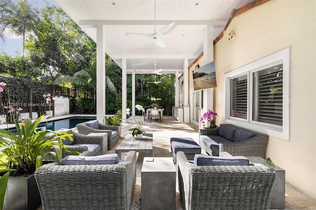 view of patio / terrace featuring ceiling fan and outdoor lounge area