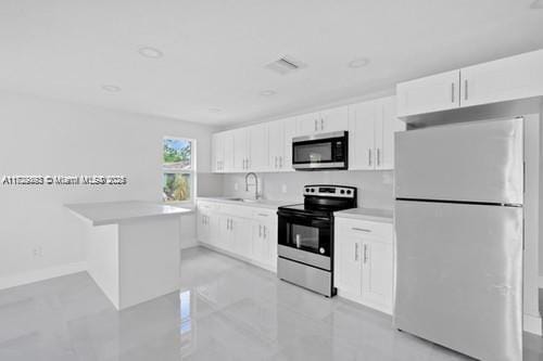 kitchen featuring white cabinets, kitchen peninsula, appliances with stainless steel finishes, and sink