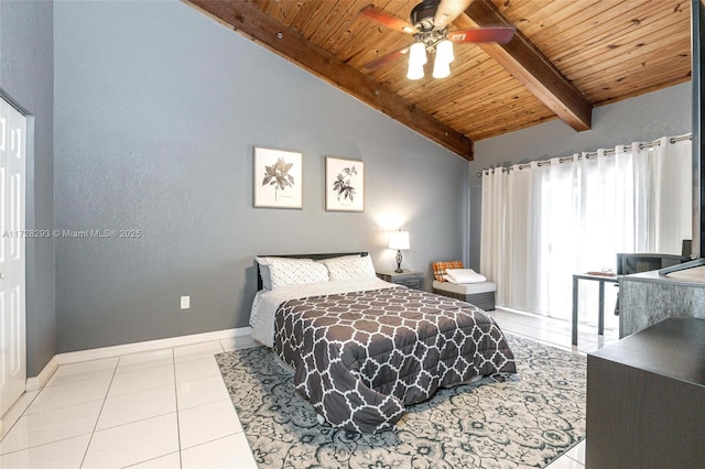 tiled bedroom featuring ceiling fan, wooden ceiling, and vaulted ceiling with beams