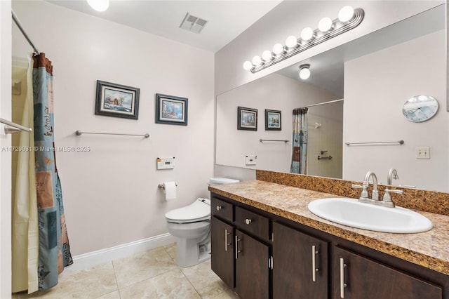 bathroom featuring curtained shower, toilet, vanity, and tile patterned flooring