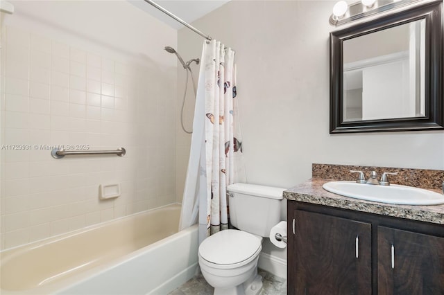 full bathroom featuring shower / bath combo, toilet, and vanity