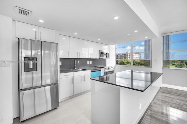 kitchen featuring white cabinets, a kitchen island, appliances with stainless steel finishes, and sink