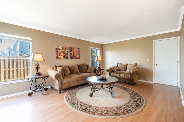 living area with crown molding, a textured ceiling, baseboards, and light wood-style floors