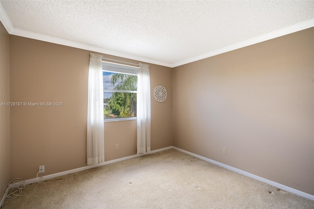 spare room with a textured ceiling, carpet, and baseboards