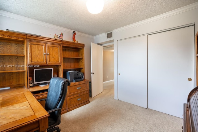 office space featuring visible vents, light carpet, crown molding, and a textured ceiling