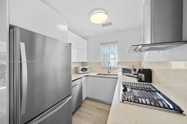 kitchen featuring appliances with stainless steel finishes, sink, white cabinets, extractor fan, and light wood-type flooring