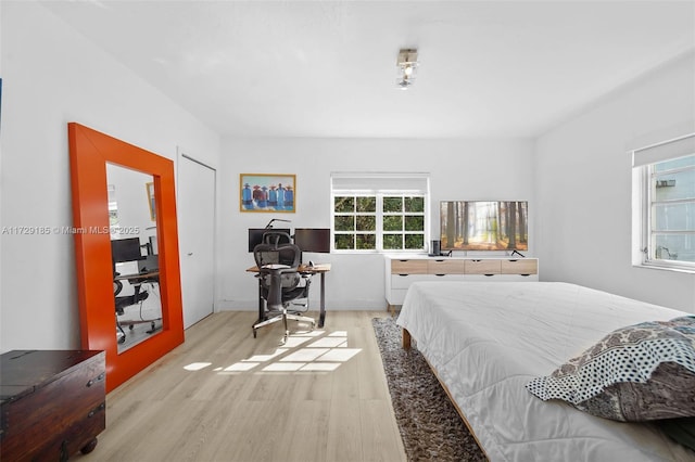 bedroom with light hardwood / wood-style floors and a closet