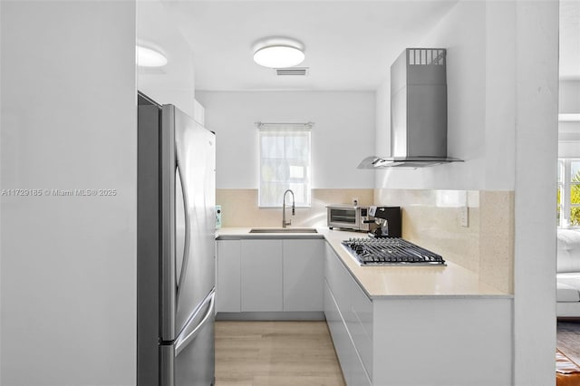 kitchen featuring wall chimney exhaust hood, stainless steel appliances, tasteful backsplash, sink, and light hardwood / wood-style flooring