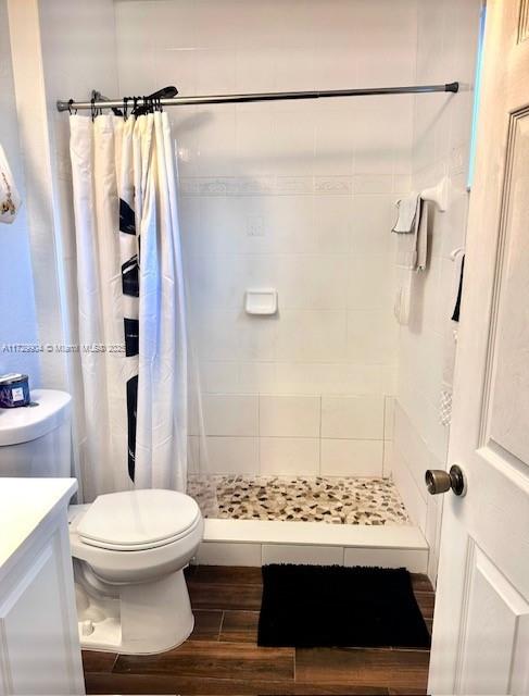 bathroom with vanity, toilet, and curtained shower