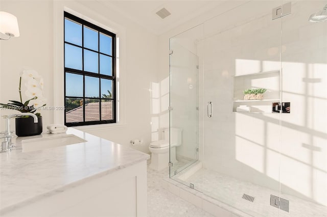 bathroom with toilet, an enclosed shower, ornamental molding, a wall unit AC, and vanity