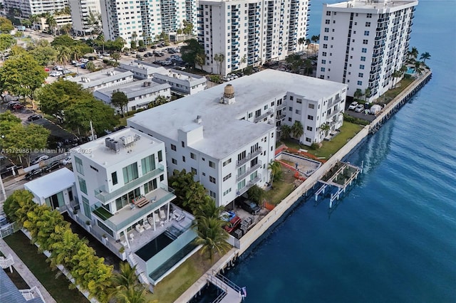 bird's eye view with a water view