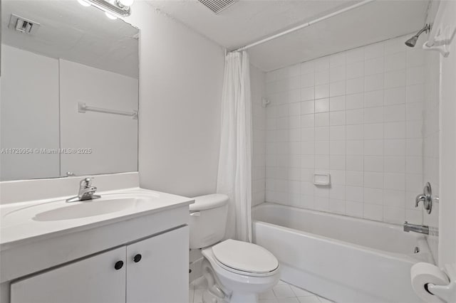 full bathroom with visible vents, toilet, shower / bath combo, tile patterned flooring, and vanity