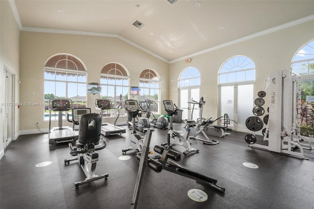 exercise room with crown molding, visible vents, and a wealth of natural light