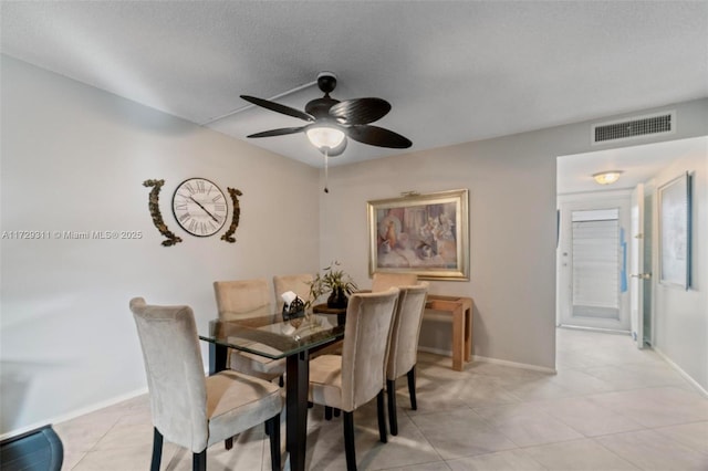 dining area featuring a textured ceiling and ceiling fan