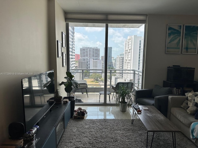 tiled living room with expansive windows