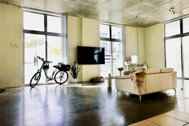 living room featuring a wall of windows and concrete floors