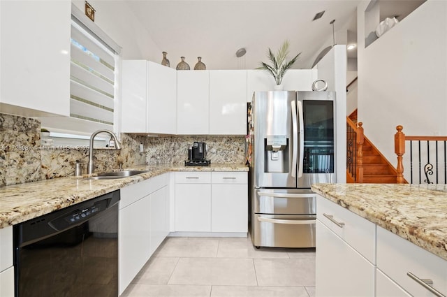 kitchen with white cabinetry, stainless steel fridge with ice dispenser, sink, and black dishwasher