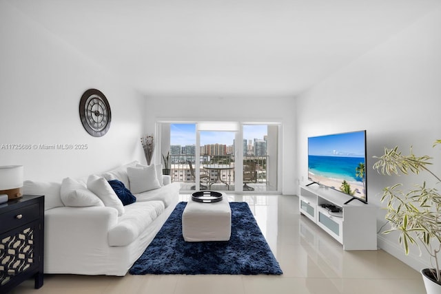 living room with light tile patterned flooring