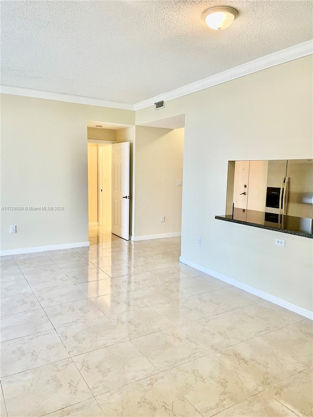 9805 NW 52nd St Unit 411, Doral, FL 33178 - unfurnished living room with a textured ceiling, visible vents, baseboards, marble finish floor, and ornamental molding