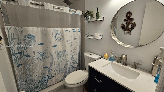 bathroom featuring a shower with shower curtain, vanity, and toilet