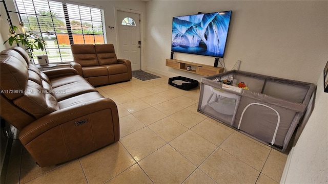 living room featuring light tile patterned flooring