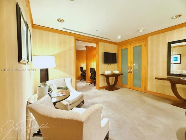 living room featuring crown molding, light carpet, and french doors