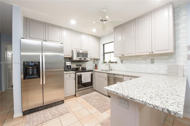 kitchen featuring a ceiling fan, a sink, backsplash, appliances with stainless steel finishes, and a peninsula