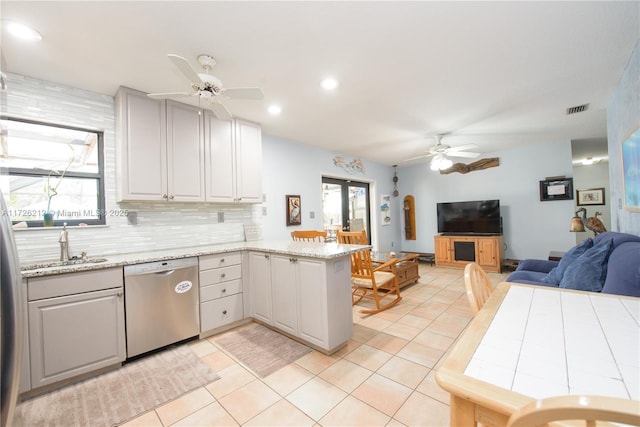 kitchen with visible vents, stainless steel dishwasher, open floor plan, a peninsula, and ceiling fan