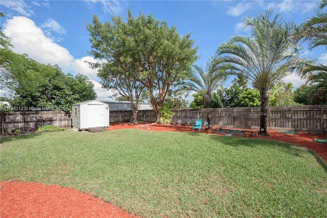 view of yard featuring a storage shed, an outbuilding, and a fenced backyard