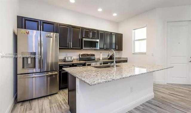 kitchen featuring light stone countertops, sink, stainless steel appliances, and a kitchen island with sink