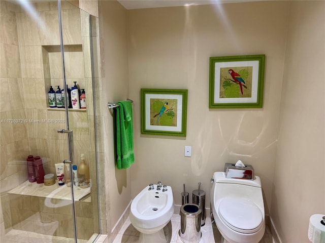 bathroom featuring a bidet, walk in shower, and toilet