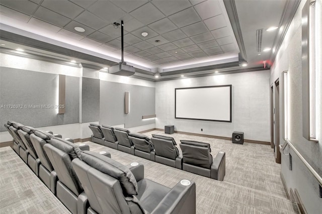 carpeted home theater with a tray ceiling