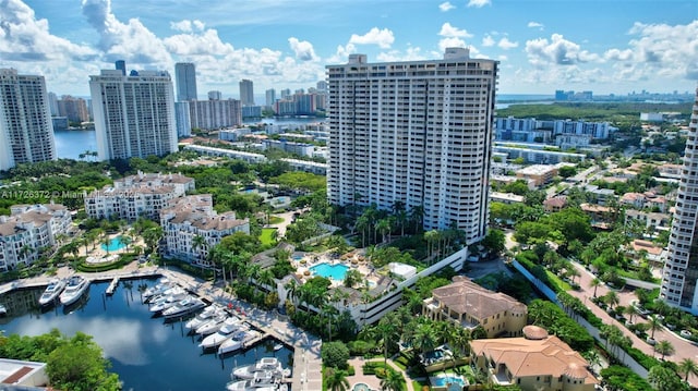 bird's eye view with a water view